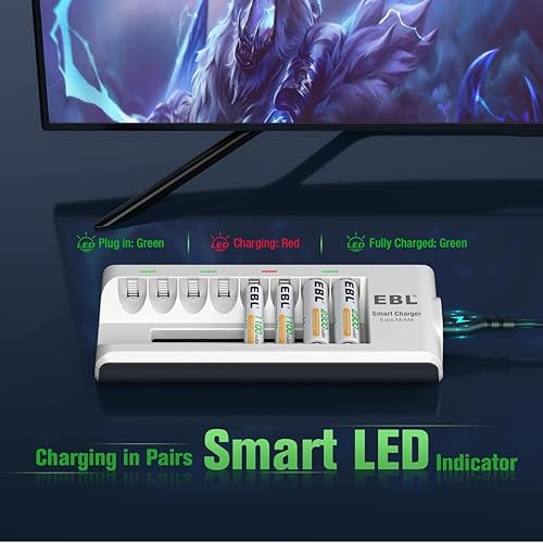 Miniatura 5 de EBL Cargador de batería de 8 bahías con pilas recargables AA de 2500 mAh (paquete de 10, 5 colores en una caja)