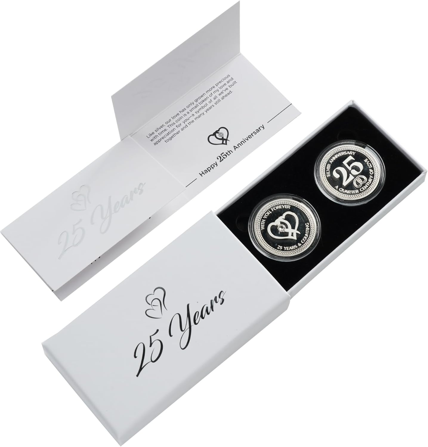 25th Wedding Silver Anniversary Commemorative Coins Set of 2 – 25 Year for Couple, Husband or Wife – Traditional Silver-Plated Keepsake in Gift Box