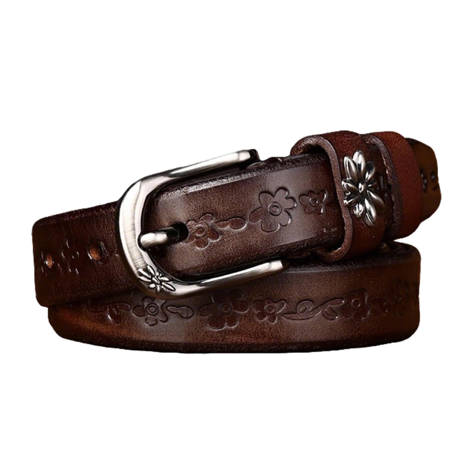 JIARY Womens Genuine Leather Belt, Floral Embossed Casual Belt,Vintage Decorative Fashion Belt for Jeans,Brown,105CM/41.3''
