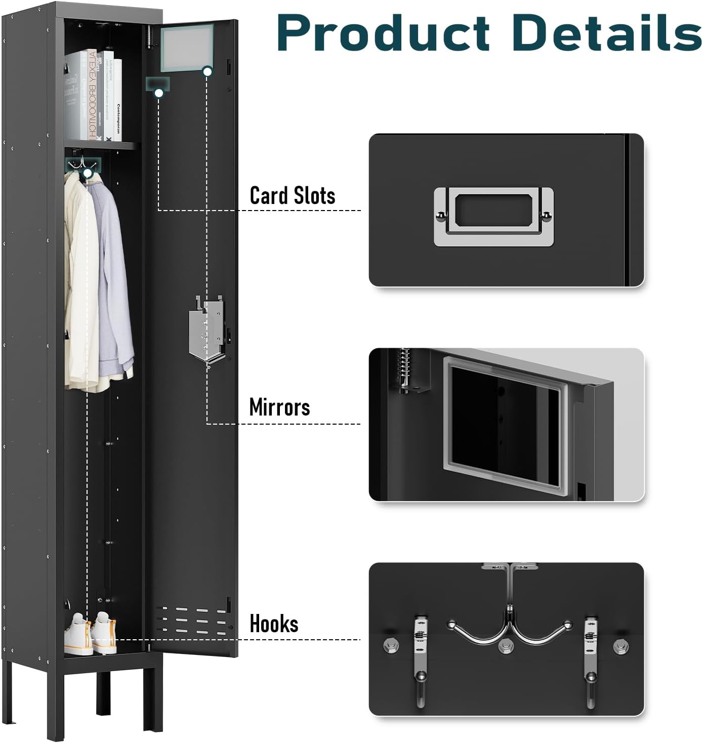 Metal Storage Locker, Lockable Employees Metal Locker with Door, Card Slot, 66" Height Steel Locker for Home, School, Office, Gym (Black)