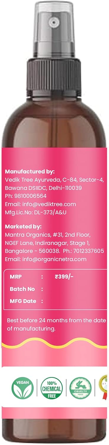 Organic Netra Rose Water with Vitamin C | Exfoliates the Skin and Controls Oil | Excellent for Clearing Away Makeup & Dirt from Pores | Mist Spray for All Skin Type | Paraben and Alcohol Free - 200 ml