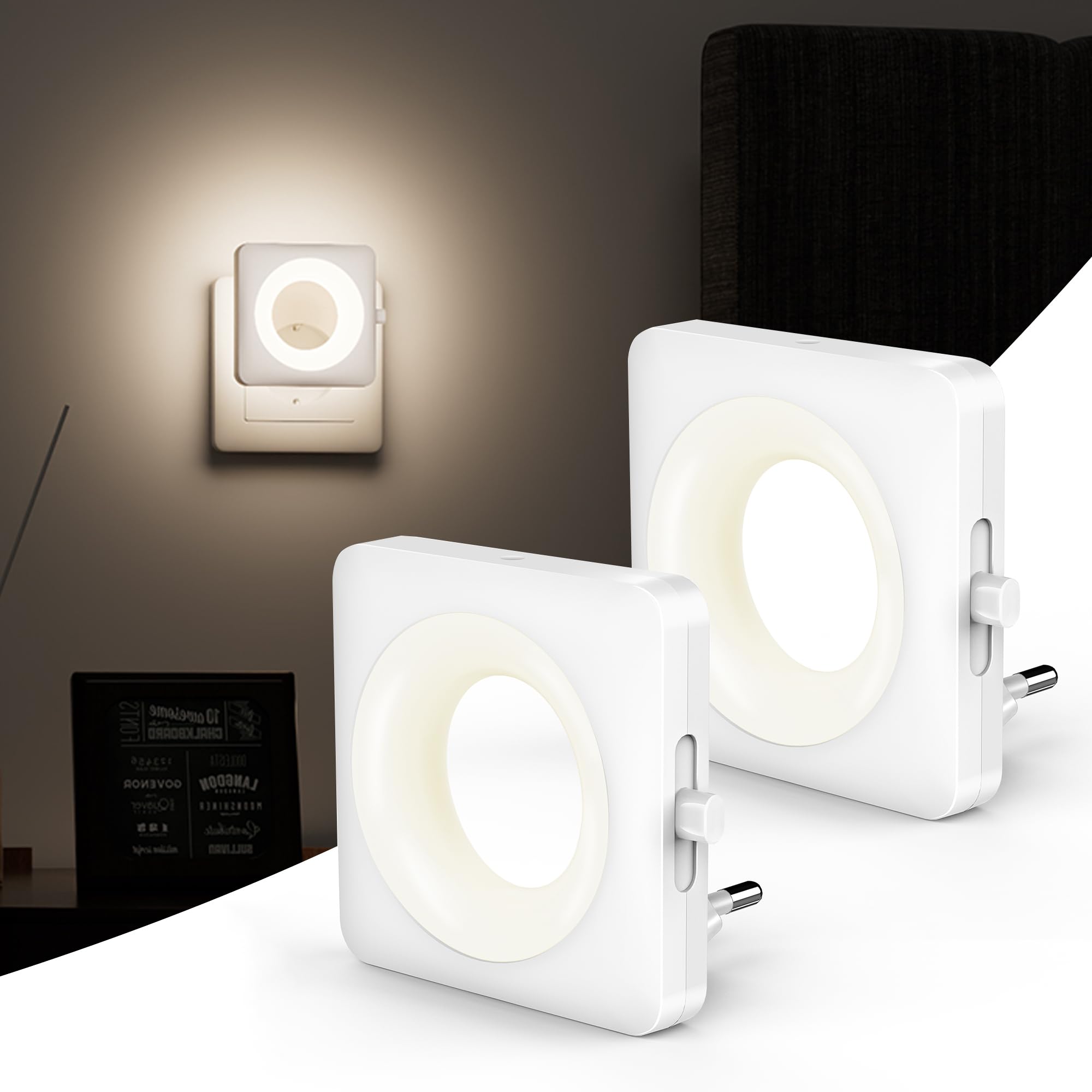 Swoieltr Luce Notturna Bambini, [2 Pezzi] Luci con Sensore Crepuscolare e Automatico Luminosità Regolabile per Camera da Letto, Corridoio, Scale, Bagno (4000K Neutro-LDR)