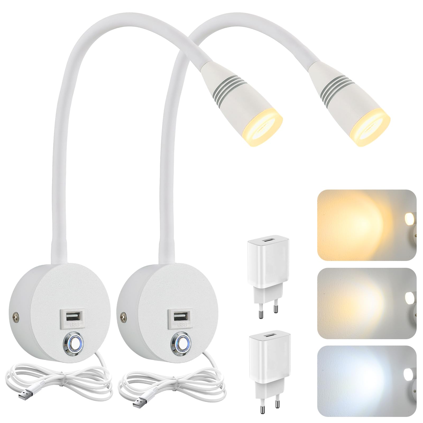 VOMI Leselampe Bett Wandmontage, LED Bettlampe Wand mit Schalter Touch Control 3 Farbtemperaturen Flexible Schwanenhals Lampe USB Ladeanschluss Drehbares Leselicht mit Ladegerät Kabel, 2 Stück Weiß