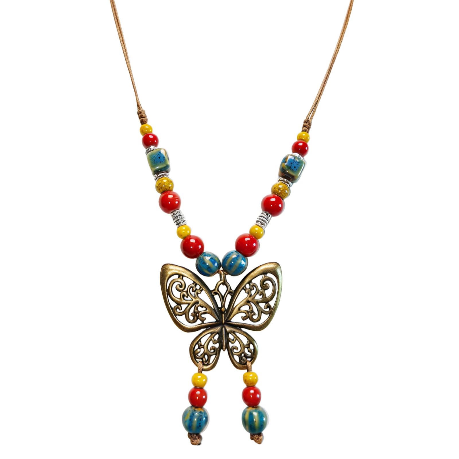 CZMZHFC Boho Necklace for Women,Vintage Butterfly Pendant Necklaces,Adjustable Wooden Beads Layered Braided Choker,Fashion Tribal Style Leather Rope