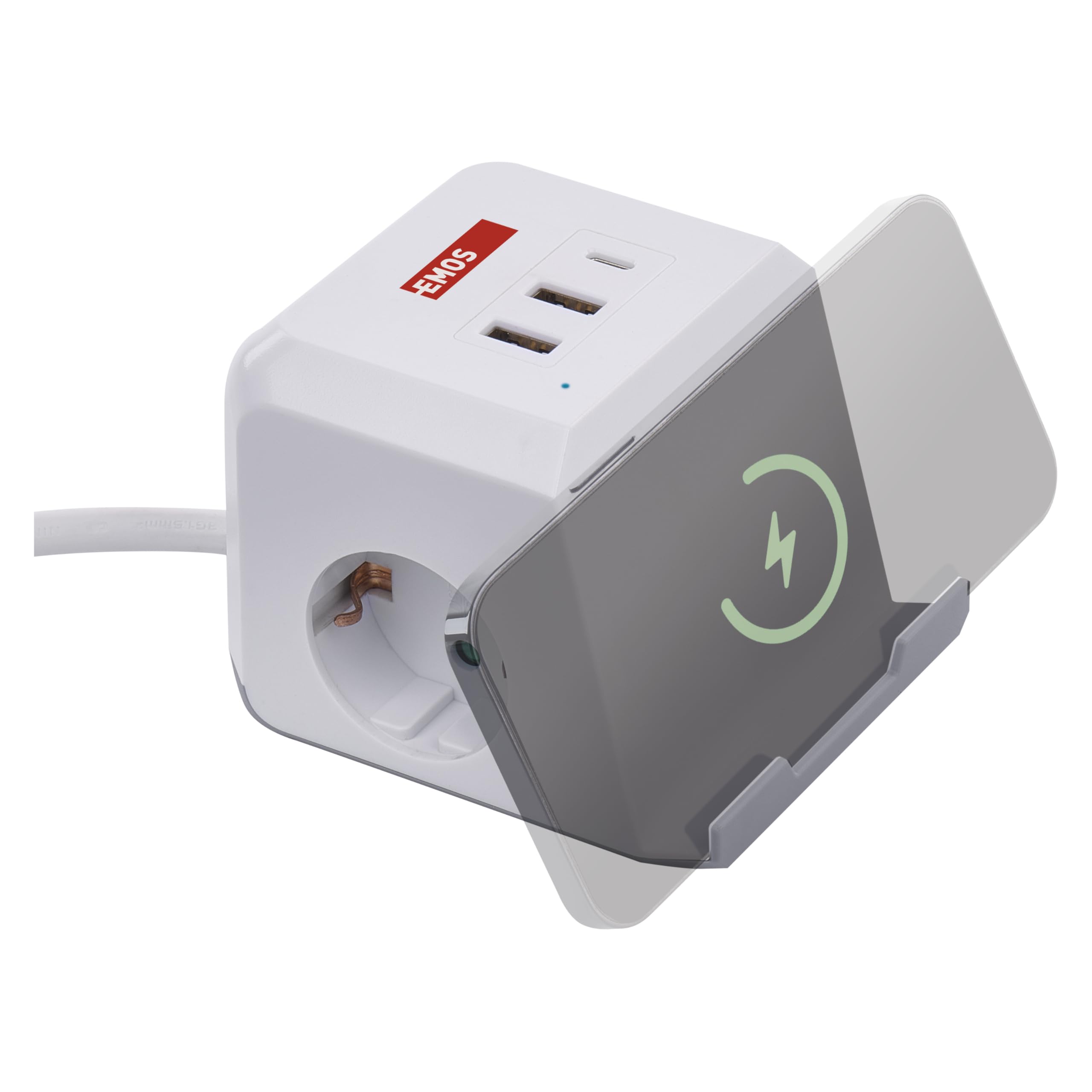 EMOS Steckdosenwürfel mit USB und QI Ladestation, 2X Schuko-Steckdosen, 2X USB-A Port, 1x USB-C Port, 1x Qi Ladestation mit Handy-Ständer, 2m Kabel, erhöhter Berührungsschutz