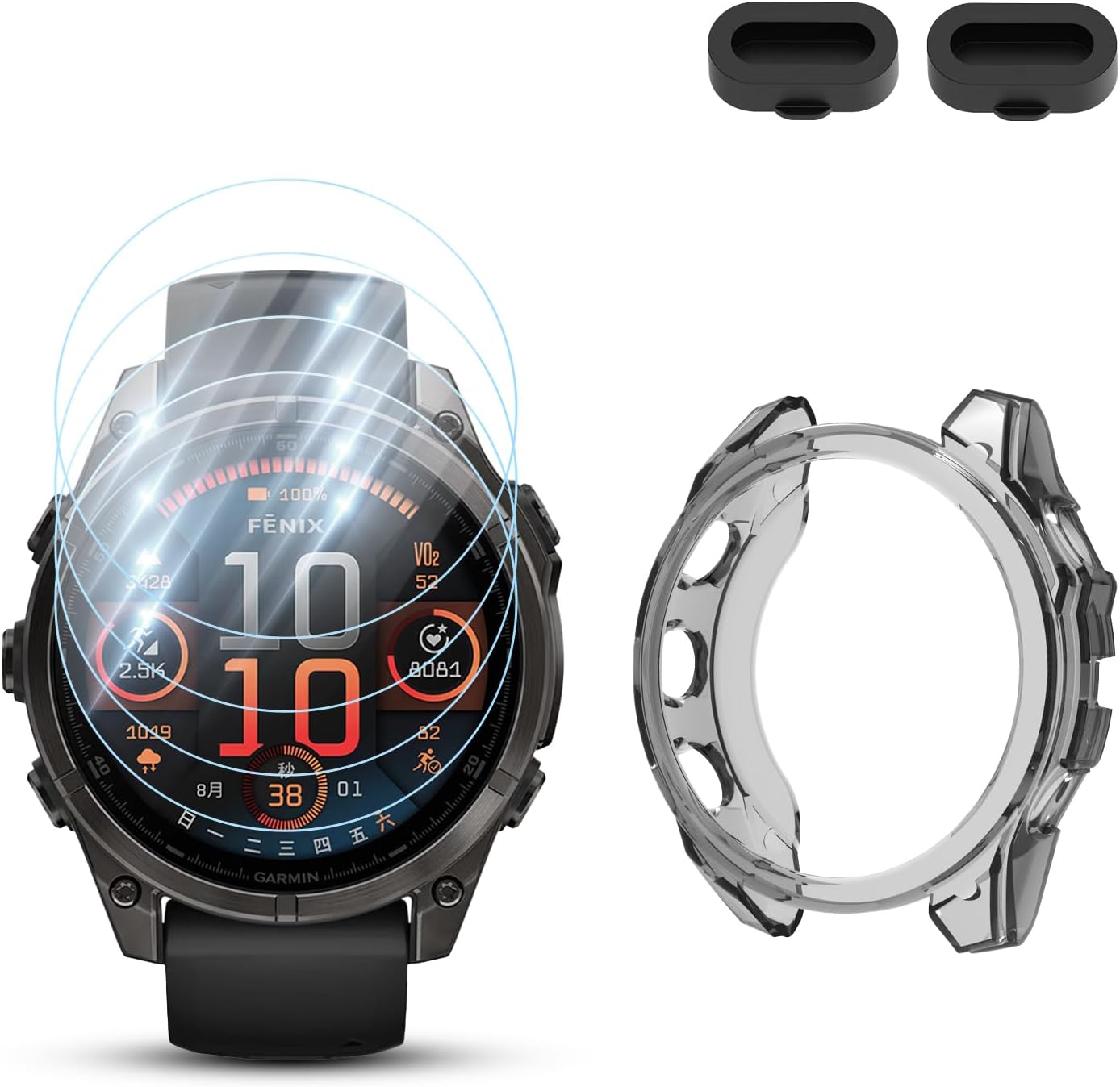 [4+1 Pack] Smartwatch Screen Protectors + TPU Soft Bumper Protective Case for Garmin Fenix 8/8 Pro 47mm, 9H Hardness HD Tempered Glass Face Cover and Dust Plug Accessories-Transparent Black