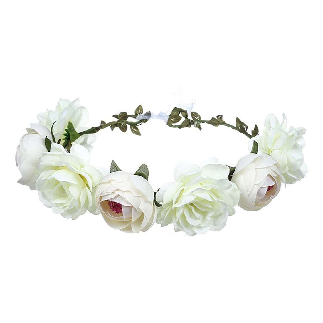 June Bloomy Women Rose Floral Crown Hair Wreath Leave Flower Headband with