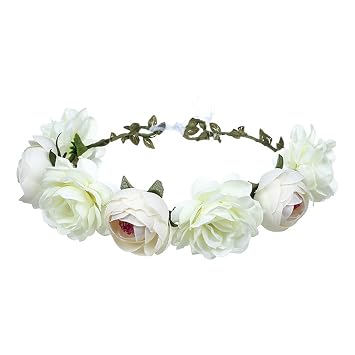 Women Rose Floral Crown Hair Wreath Leave Flower Headband with Adjustable Ribbon White
