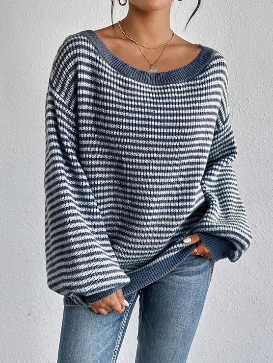 Women's Oversized Striped Sweater Casual Off The Shoulder Sweater Fall Long Sleeve Loose Knit Pullover Jumper Tops2