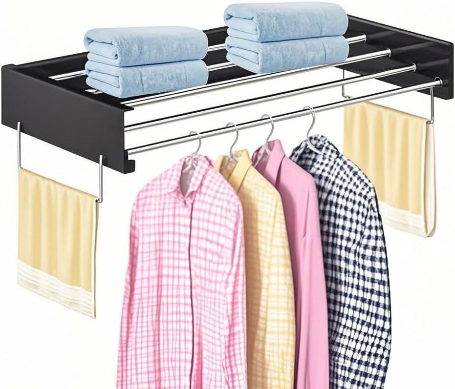 Wall Mounted Drying Rack - Retractable Foldable Laundry Rack (31.5 Inch), 5-Rod Collapsible Clothes Drying Rack with 2 Tower Handles for Indoor/Outdoor Use - Bathroom, Balcony, Apartment