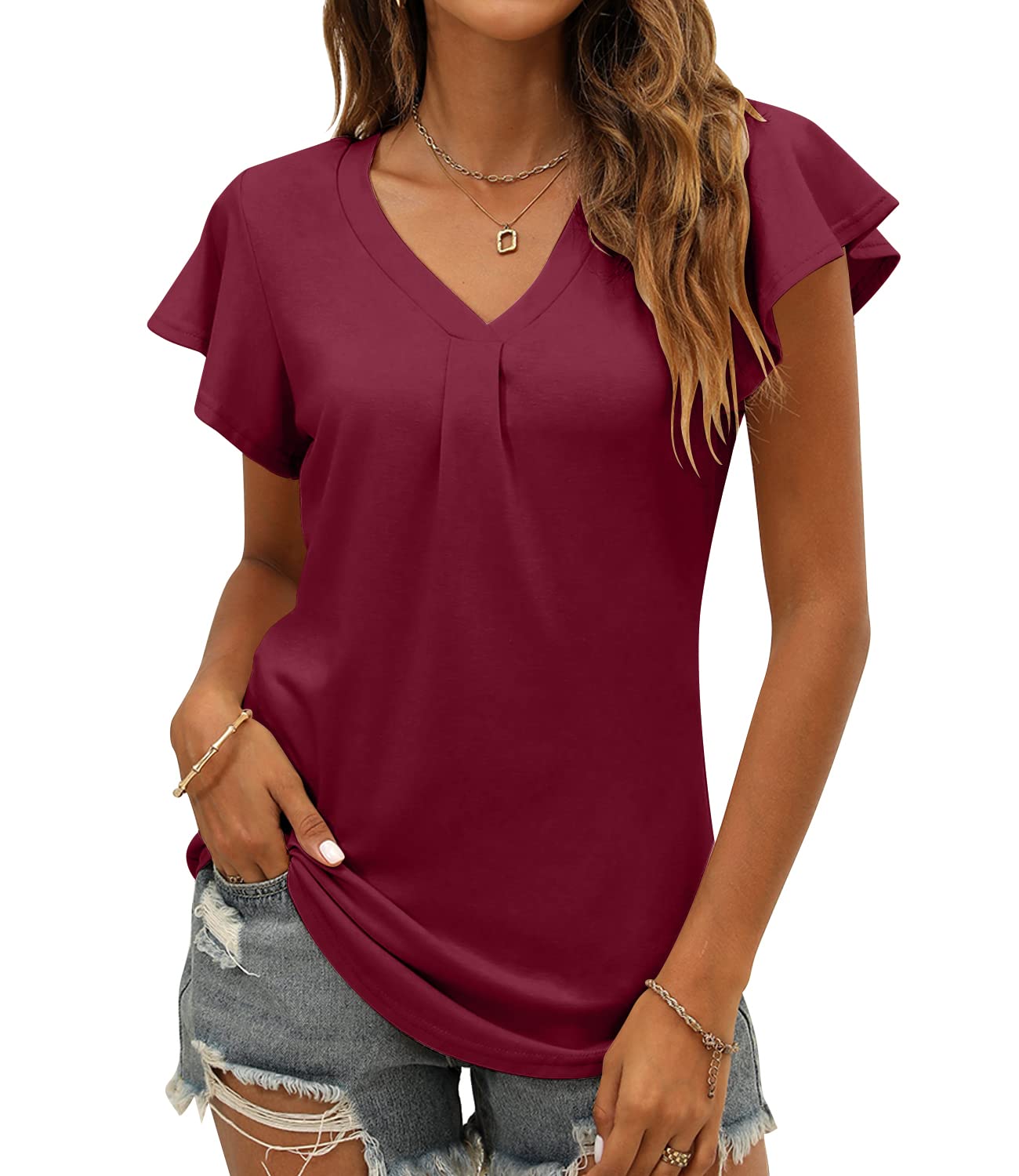 Women's Summer Tops Ruffle Sleeve V Neck Tunic Shirts Business Casual Flowy Blouses for Women