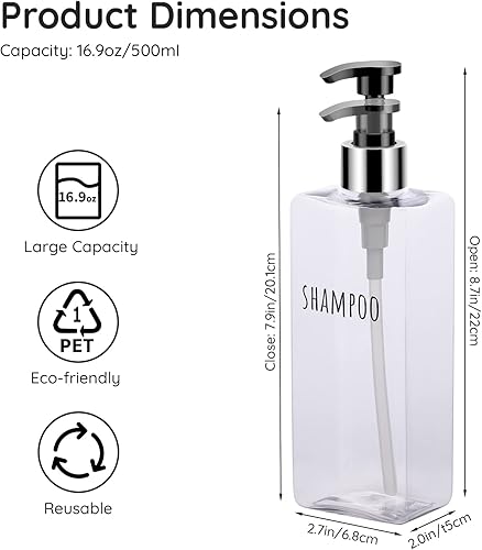 Miniatura 6 de Segbeauty Dispensador de jabón transparente, botellas de champú y acondicionador recargables de 16.9 onzas, dispensador cuadrado de plástico vacío