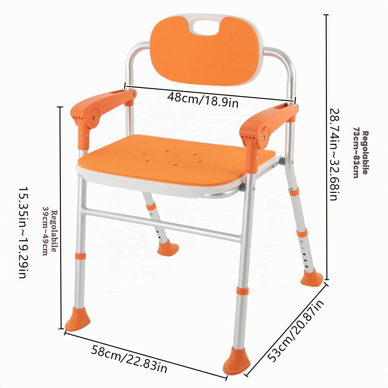 Sedia da doccia pieghevole, fino a 125 kg, 39-49 cm, regolabile in altezza, con braccioli e schienale, sedia da bagno per anziani