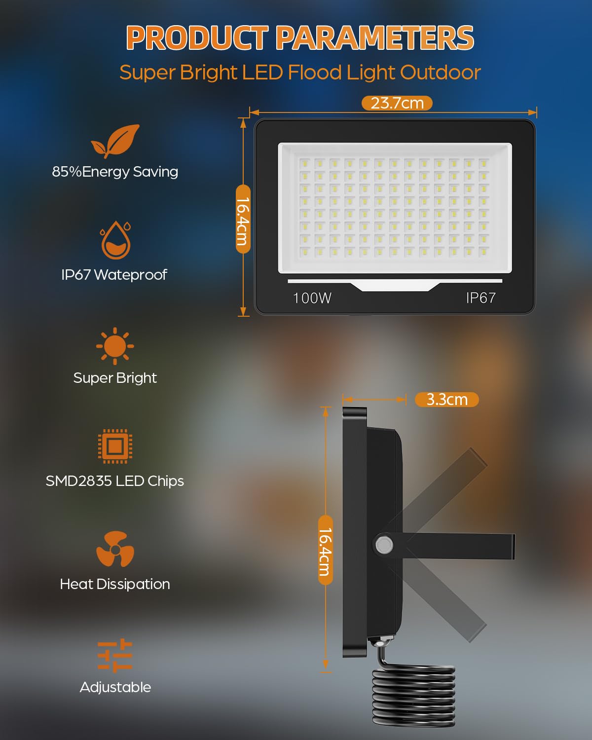 Spot Projecteur LED Extérieur 100W 1 Pièce - 10000LM 6500K Blanc Froid Lampe Phare LED Exterieur IP67 Etanche Eclairage Extérieur pour Terrasse,Jardin