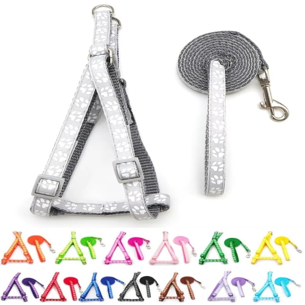 Small Dog Puppy Pet Cat Kitten Harness and Lead Set Pawprint Design Nylon Adjustable Chest Size 21-34cm and 120cm Leash Light Silver Grey