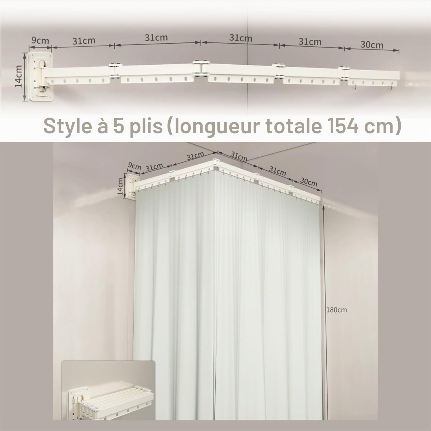 Rideau De Douche Sans Perçage,Tringle à Rideau De Douche Pliable Avec Ventouses,Résistante à La Moisissure,Imperméable,Lavable,Équipée De Ventouses Puissantes,Pour Douche d'Angle,Blanc(5 Plis,160cm)