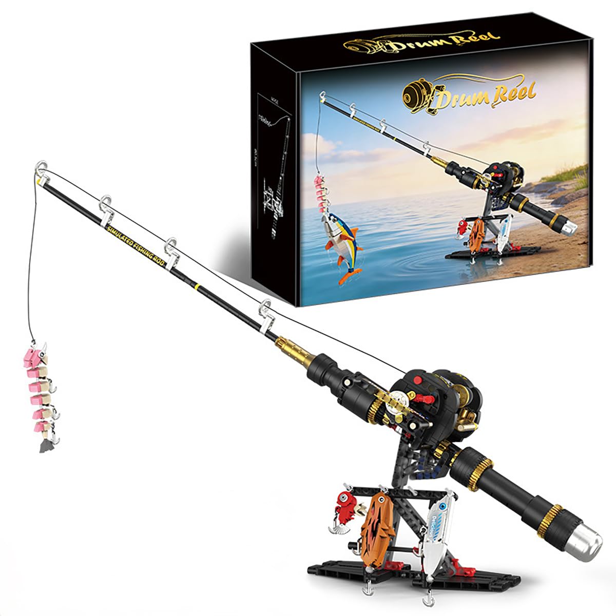 Juego de construcción de bloques de construcción de caña de pescar, 589 piezas de bloques de sujeción con carrete de cebo, MOC simulado ajustable Caña de pescar Set de construcción, regalos