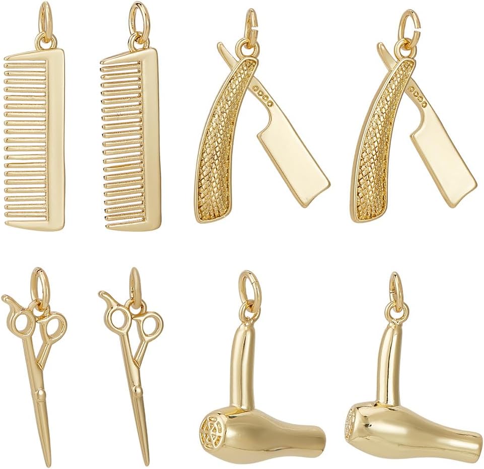 Beebeecraft 8Pcs 4 Styles Hairdresser Charms 18K Gold&Platinum Plated Scissor Dryer Comb Barber Charm for Craft Making