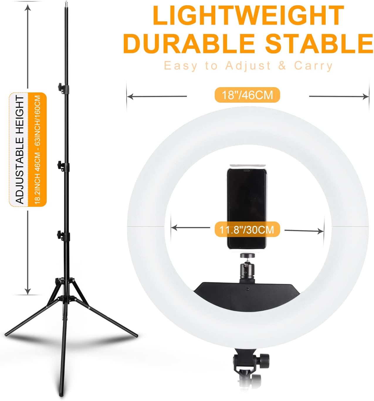 JJ JIANJIN Ring Light Kit:18Inch Outer 11.8Inch Inner 55W6700k Dimmable LED Light, Tripod Stand, Remote Controller,Box for Camera,Smartphone,YouTube,TikTok,Self-Portrait Shooting,CRI90,Black