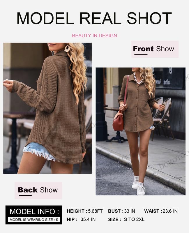 Image of Dokotoo Womens Waffle Knit Shacket Jacket Casual Button Down Shirts Tops | Long Sleeve,Loose Fit,Boyfriend Style,Collared V Neck,Fall Cardiga,Outwear with Pockets