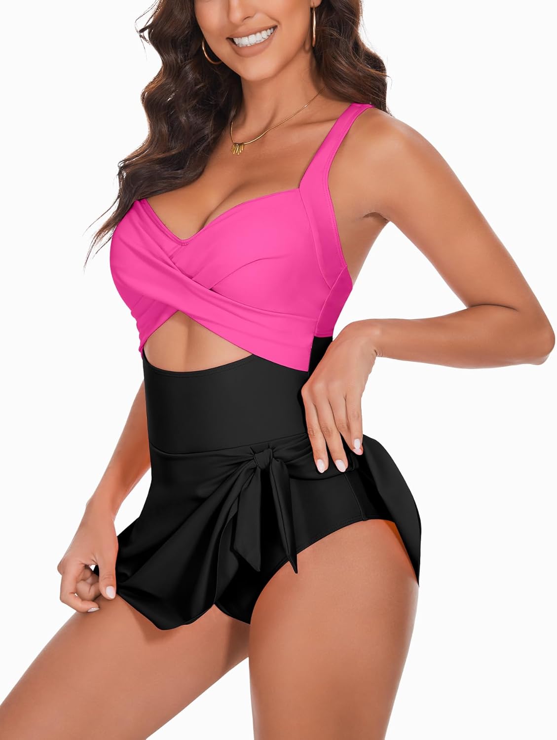 One Piece Swimsuit Women Tummy Control Swim Dress Sexy Criss Cross Tie Back Bathing Suit - Image 5
