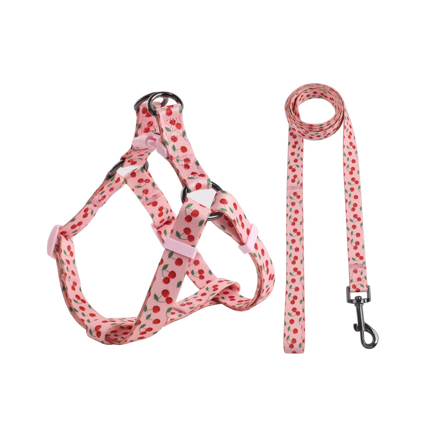 Olahibi Harness and Leash Set, Fruit Pattern, 150CM Matching Leash, No Pull, Easy Wear for Small Puppy Dogs.(XS, Pink Cherry)