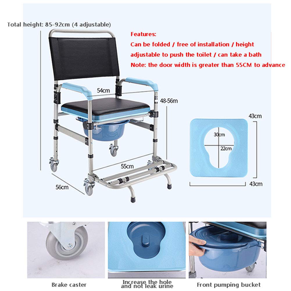 NANANA Silla de Inodoro con Ruedas, Silla WC Inodoro Plegable Asiento Acolchado y Respaldo, Altura Ajustable, Capacidad de Carga hasta 150Kg,a