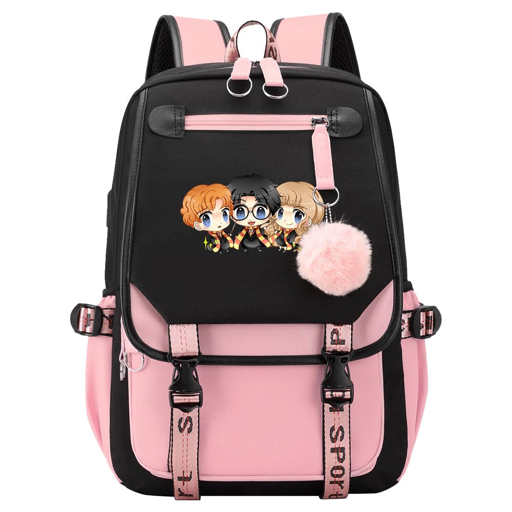 Fashion Harry Magic Backpack Harry/Ron/Hermione School Bookbag Laptop Backpacks for Girls Teenagers Pink-A