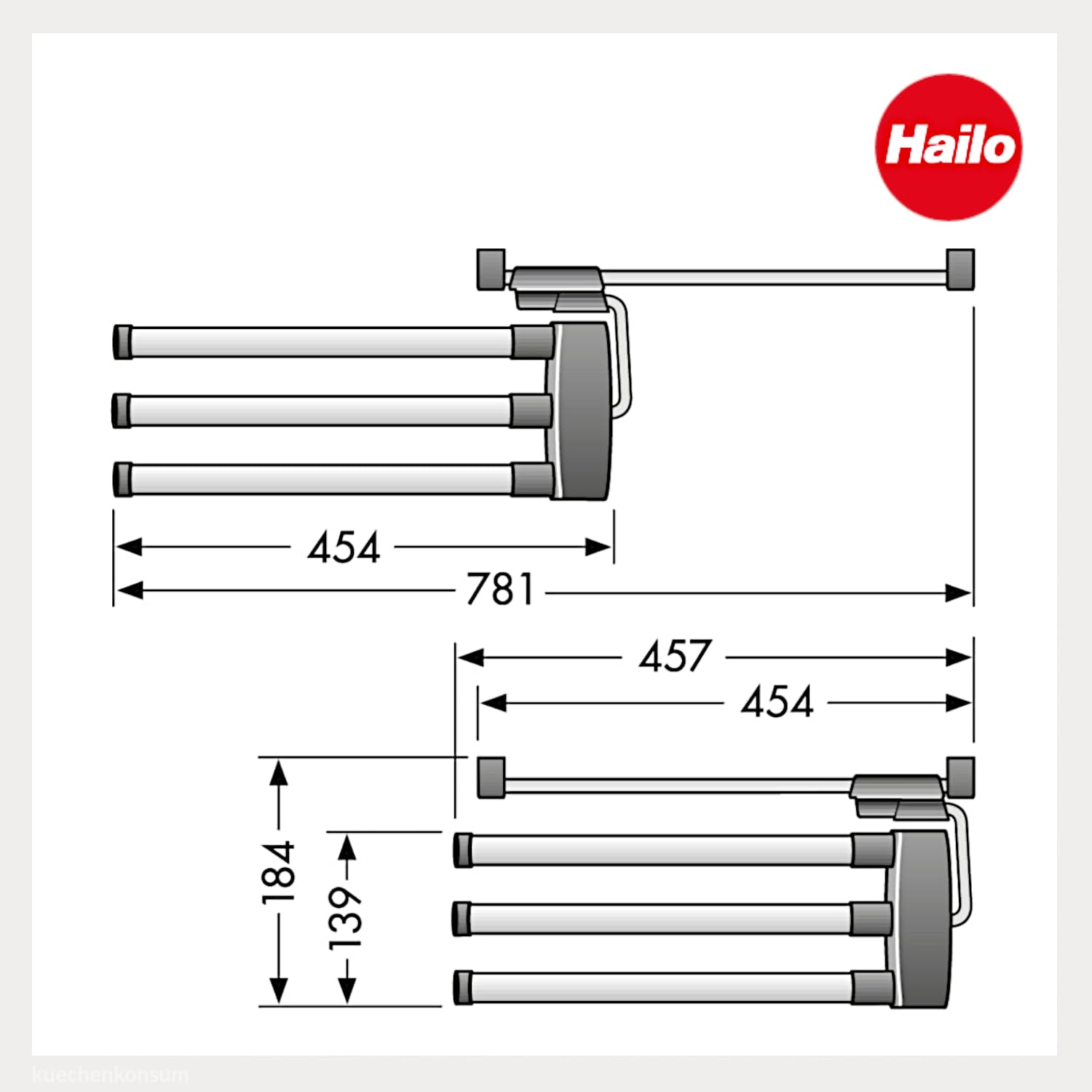 Hailo Handtuchhalter 3133101 | Secco Alu Line | Aluminium Handtuchtrockner | 3-armig | Schwenkbar & Ausziehbar | Platzsparend | Hochwertige Handtuchstange für Bad & Küche | Wand- und Seitenwandmontage