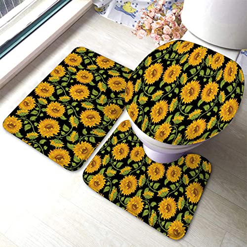 Badezimmerteppich-Set, 3-teilig, Vintage-Sonnenblumen, waschbare Badteppiche, rutschfest, mit Rückenpolster, Konturteppich und Toilettendeckelbezug
