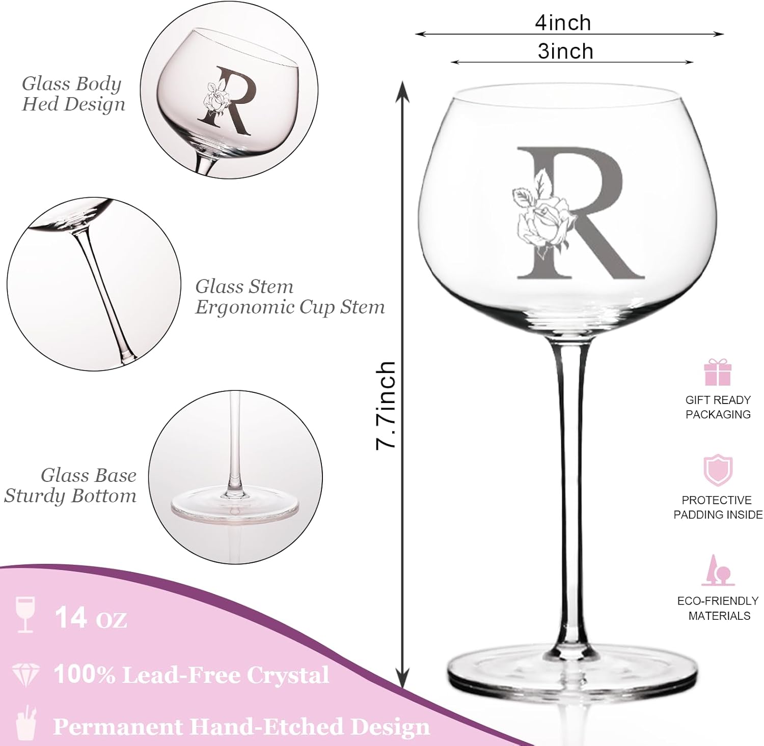 Personalized Wine Glass Gifts for Women,Customized Monogrammed A-Z,Christmas,Valentines Day,Birthday Gifts for Women,Unique Initial Wine Glasses Gifts for Her,Mom,Wife,Best Friend,Sister (Letter R) - Image 3