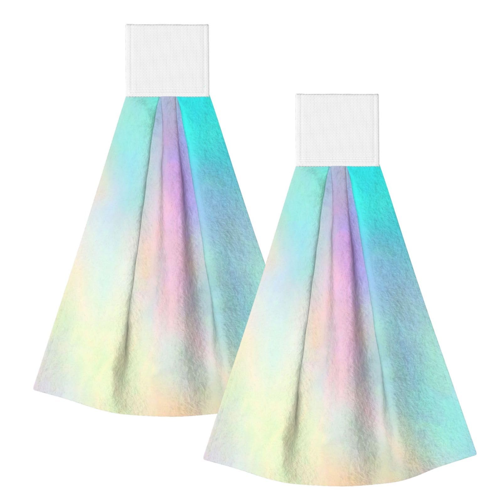 DOPKLNA Very Beautiful Rainbow Texture Hologram Foil, 2 Pcs Hanging Coral Fiber Hand Towels for Bathroom, Absorbent Kitchen Towels