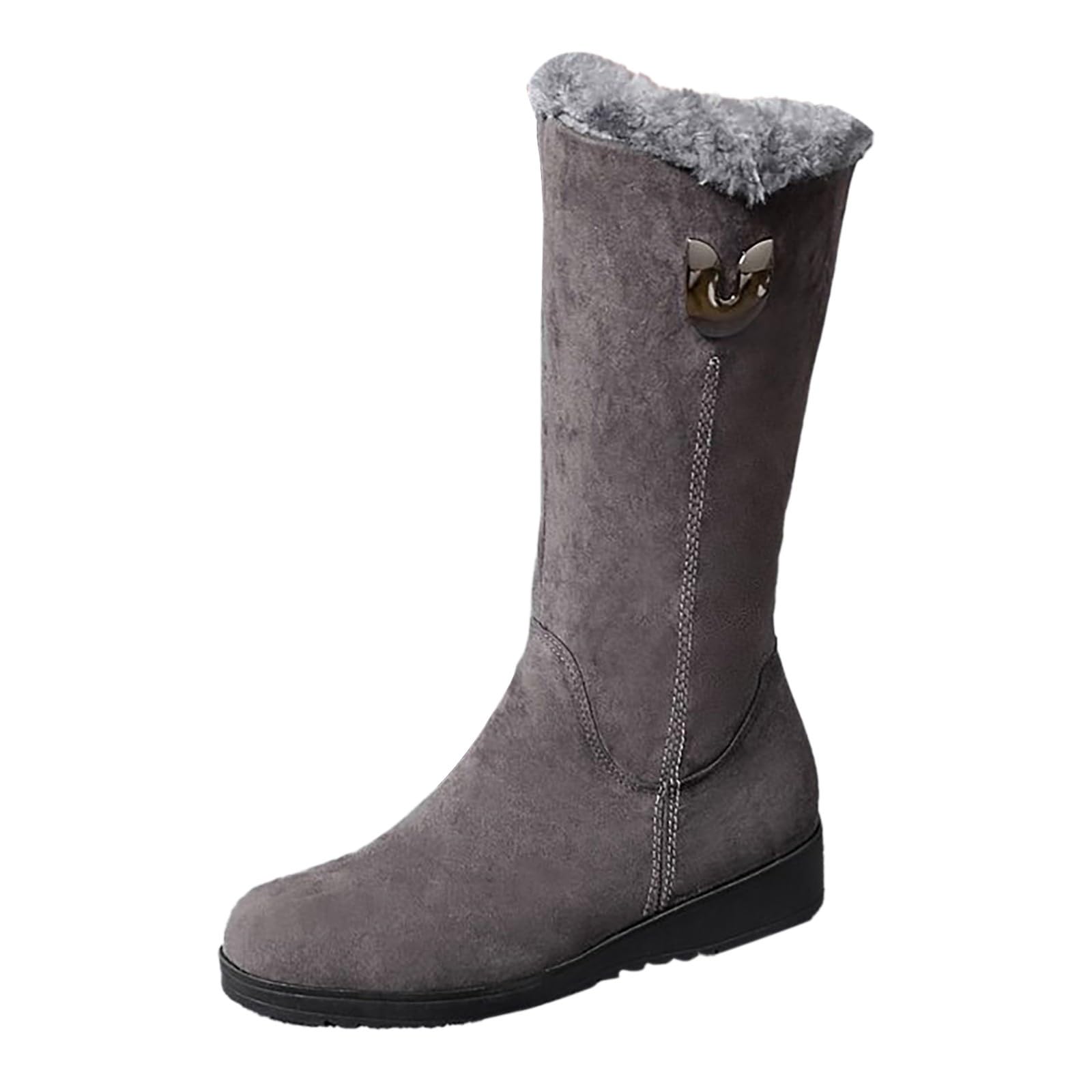 Mid Calf Boots Round Toe Side Zipper Warm Fur Lined Thick Sole Winter Booties Solid Color Fashionable Waterproof