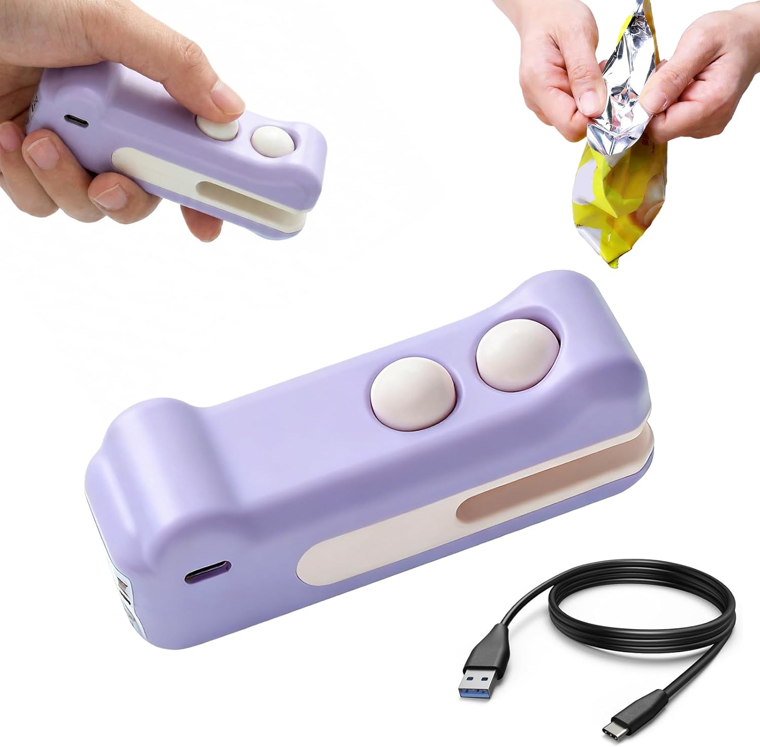 Tiiyee Mini Bag Sealer, 2 in 1 Rechargeable Mini Bag Sealer with Cutter and Magnet, Handheld Plastic Bag Sealing Machine Portable Resealer for Chip Food Freshness Storage Snacks Small Package(Purple)