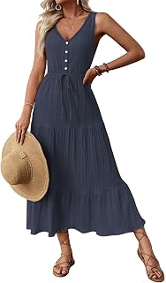 Women's Casual V Neck Button High Waist Sleeveless/Long Sleeve Maxi Dress