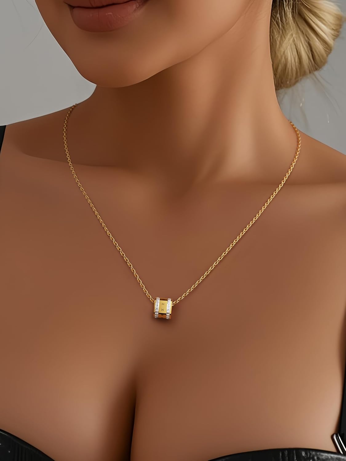 18K Gold -Plated Necklace For Women,Elegant Gold Chain Necklace with Crystal-Accented Cylinder Pendant - Image 3