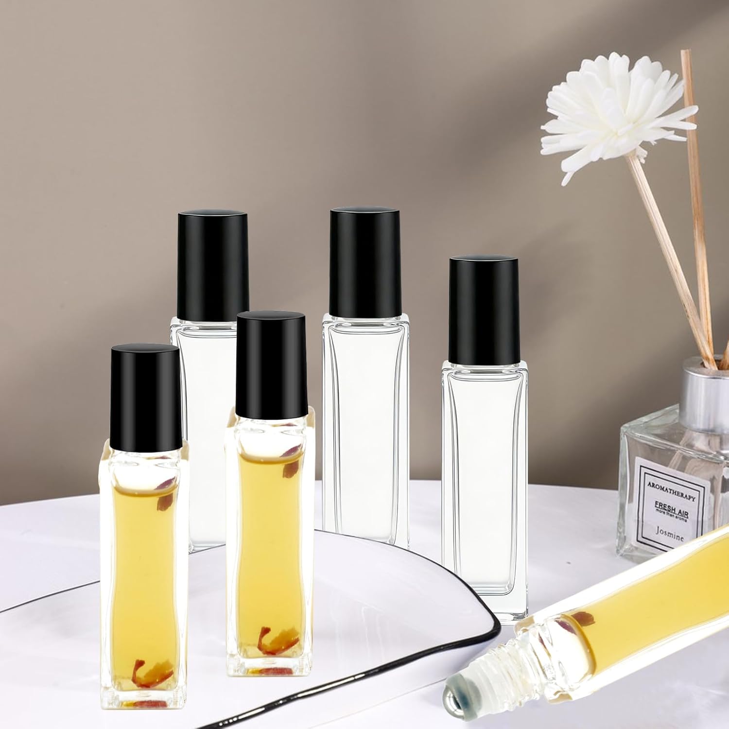 100 Pcs 10 ml Roller Bottles for Essential Oils, Square Thick Empty Glass Roller Bottles with Stainless Steel Roller Balls Protection Leakproof with 5 Funnel for Travel, Black