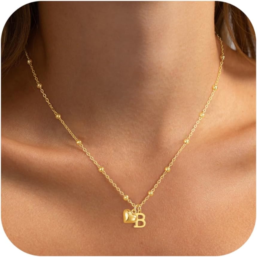 Heart Initial Necklaces for Women, Dainty 14k Gold Plated Letter A-Z Pendant Necklace Personalized Cute Name Necklace Trendy Gold Jewelry Gift for Women Teen