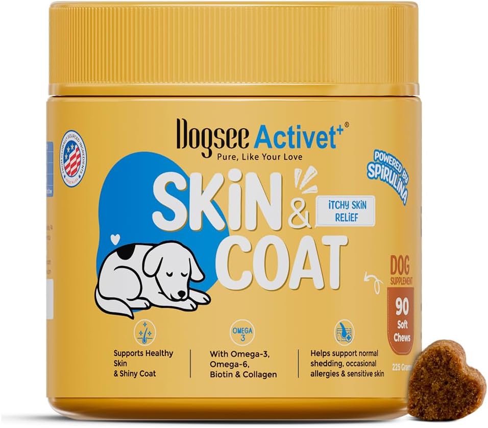 Dogsee Activet+ Dog Skin Coat Supplement Chews, with Omega 3, Omega 6, Biotin & Collagen, Itchy Skin & Shiny Coat Support, Chicken Flavor – 90 Chews