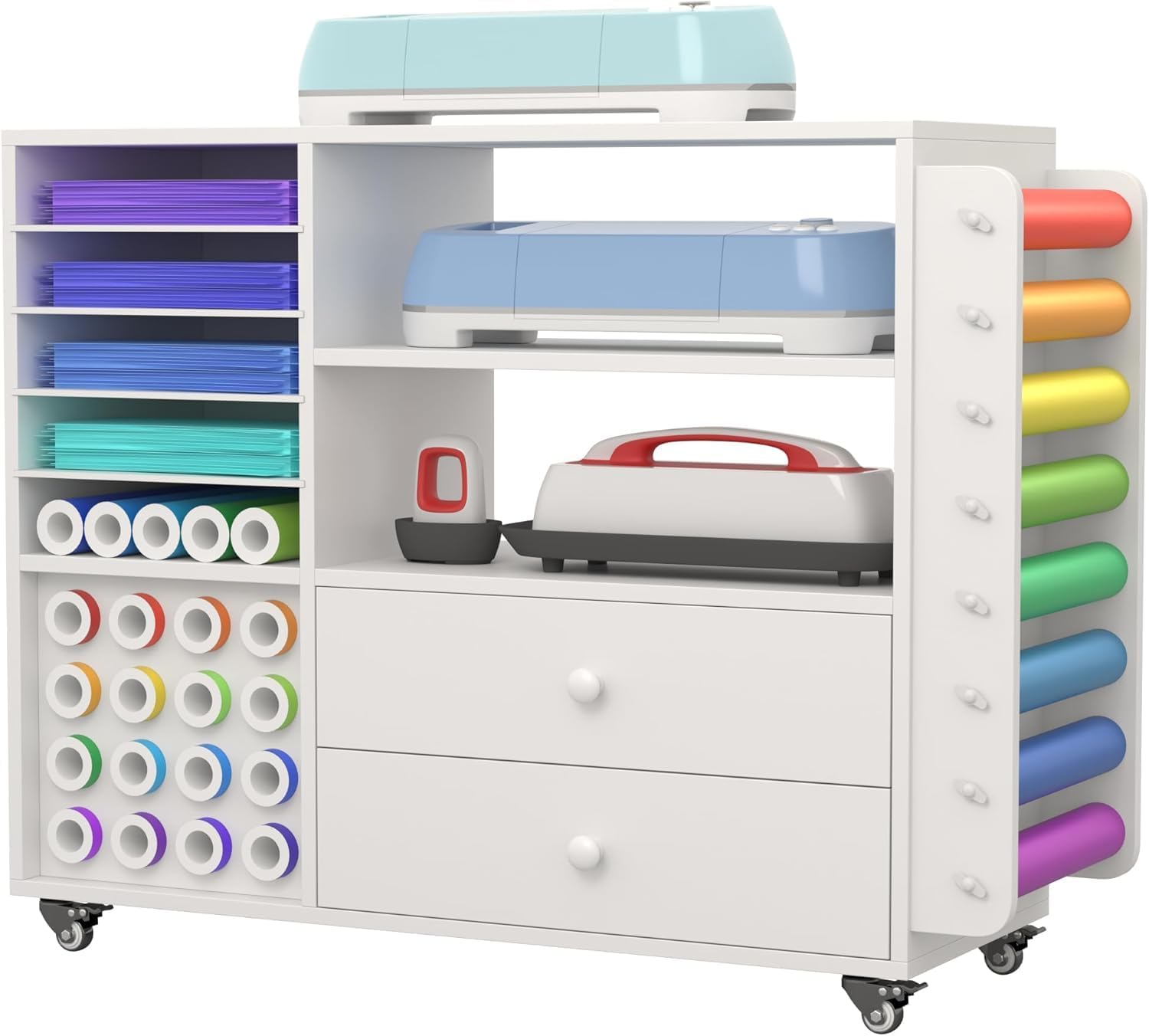 Craft Organization and Storage Cart Compatible with Cricut Machine Cricut Table, Rolling Craft Organizer with Two Large Drawer & 24 Vinyl Roll Holder & Paper Storage Organizer, for Craft Machines(some damage)