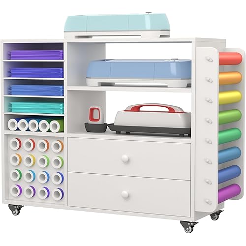 Craft Organization and Storage Cart Compatible with Cricut Machine Cricut Table, Rolling Craft Organizer with Two Large Drawer & 24 Vinyl Roll Holder & Paper Storage Organizer, for Craft Machines