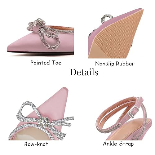 AMINUGAL Womens Rhinestones Bow Heeled Sandals Ankle Strap Slingback Pointed Toe Stiletto High Heels Pumps Shoes For Wonen