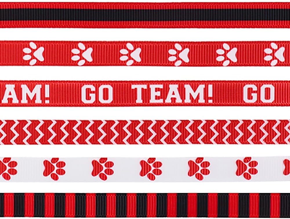 CHMOART 6 Pieces 3 Yards Dog Cat Paw Ribbon for Crafting Sewing, 3/8 Inch Red Grosgrain Ribbons for Gift Wrapping, Sports Red Stripes Wave Fabric