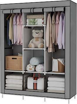 LONENESSL Canvas Wardrobe, 128 x 45 x 170 cm Closet for Bedroom, Portable Cloth with 2 Hanging Rails and 6 Storage Compartments, Fabric Foldable Storage Cupboard Grey