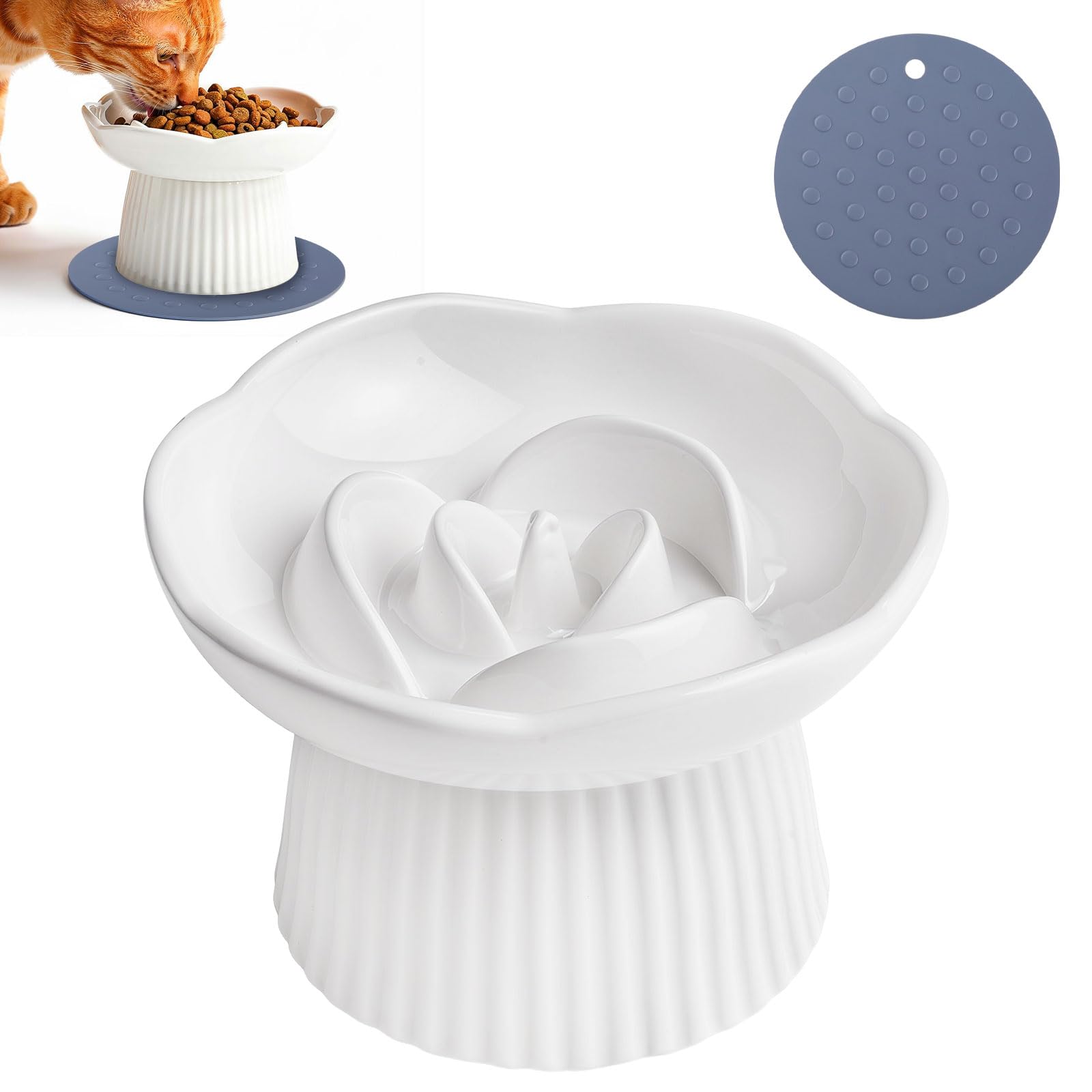 Slow Feeder Cat Bowl - Raised Ceramic Cat Slow Feeder Bowl for Anti-Choking & Bloat Stop, Ergonomic Neck-Friendly Elevated Pet Bowls for Cat & Small Dogs