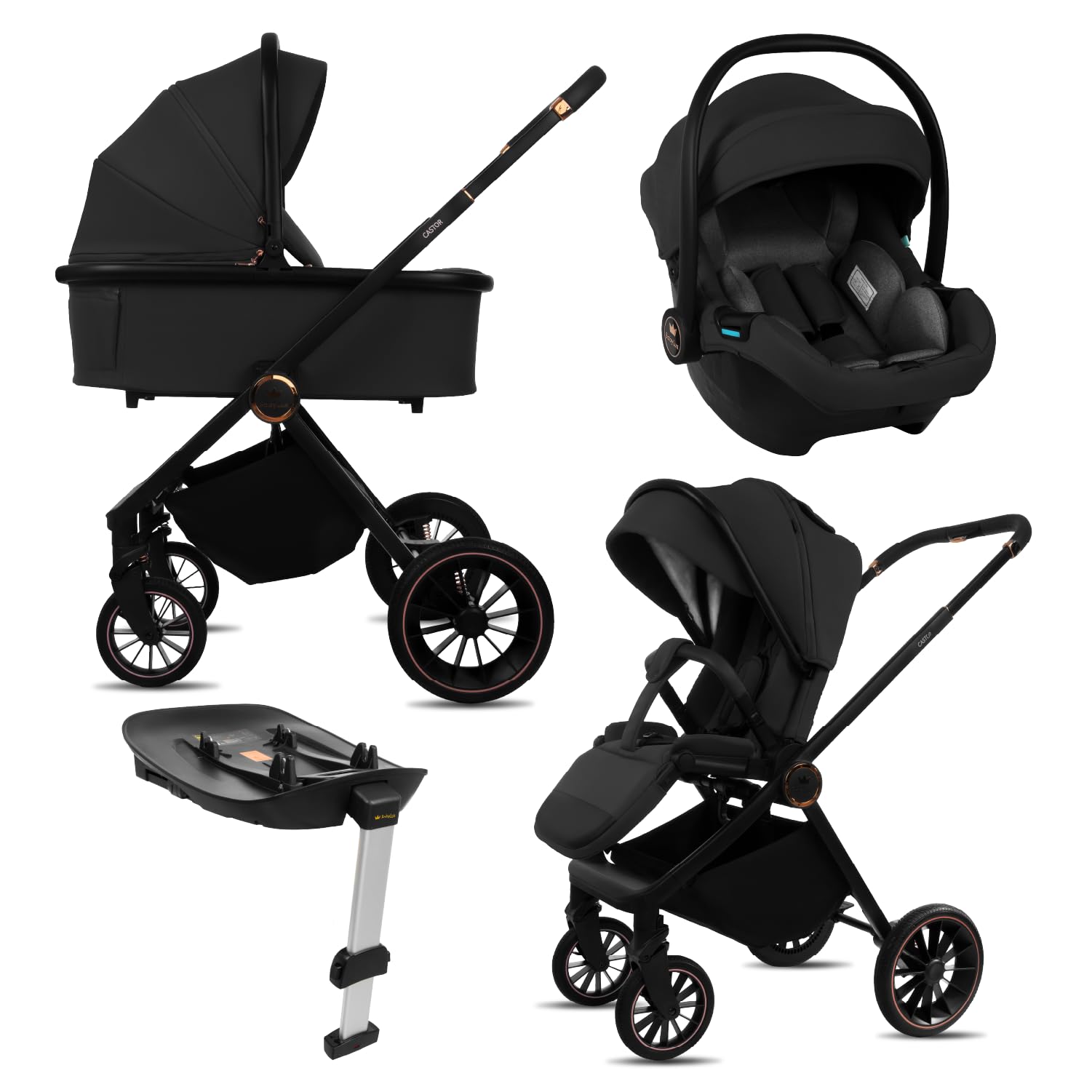 BabyLux® Kinderwagen 4in1 Set CASTOR, Faltbar Leicht Kombikinderwagen Set | incl. Babywanne, Reisebuggy, Kindersitz i-Size, Auto Basisstation, 4 Liegepositionen, 0-22kg, UV Schutz 50+, Vollgummireifen