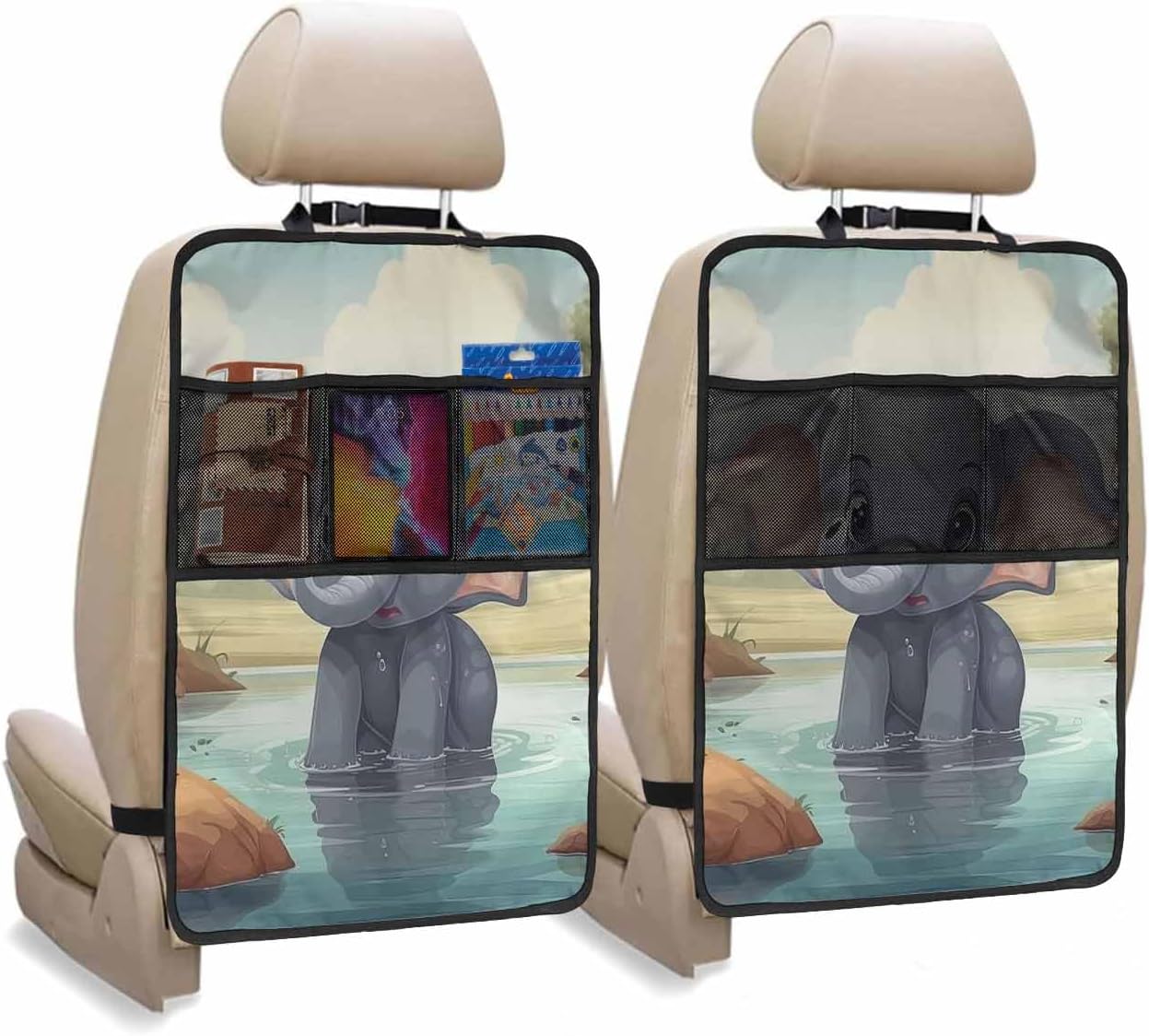 T&H XHome Car Seat Protector, 2 Pack Kick Mats with Organizer - 3 Pocket Storage, Cute Cartoon Little Elephant in Lake Back Seat Cover for Kids Universal Fit Automotive Interior Protectors