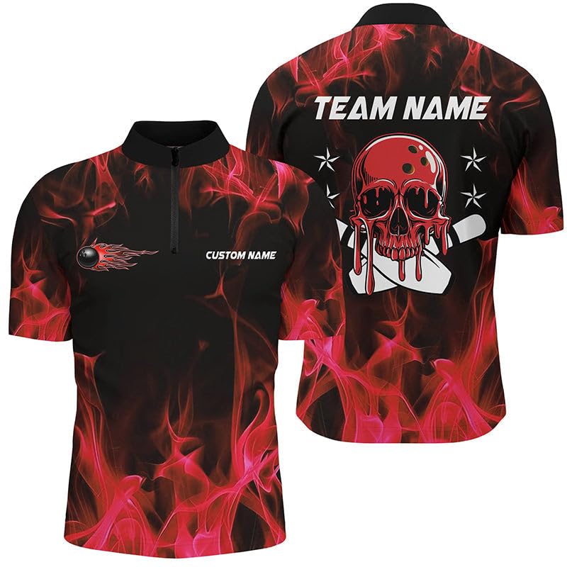 Personalisiertes Bowling Team Shirts mit Rotem Flammen-Totenkopf, Bowling Polo/Viertelreißverschluss Shirts für Männer & Frauen I6180