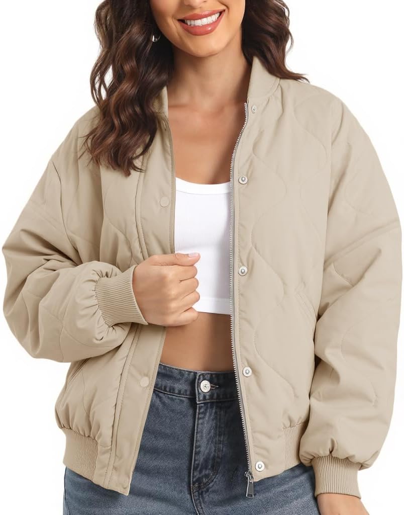 Muchpow Women's Lightweight Puffer Jacket Long Sleeve Button Full Zipper Short Winter Quilted Down Coats - Image 2