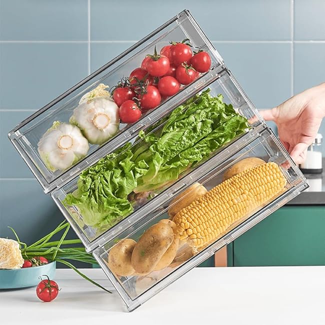 Stackable Fridge Organizer with Lid, Large BPA-Free Food & Ice Storage Bin with Pull-Out Drawer for Freezer, Kitchen, Pantry, Office, or Closet ¨C Great Gift Idea